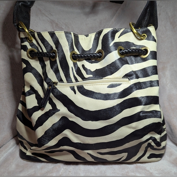 Zebra Shoulder Bag Embossed Animal Print Leather Studs Hobo Unique Handbag Boho - Picture 2 of 10